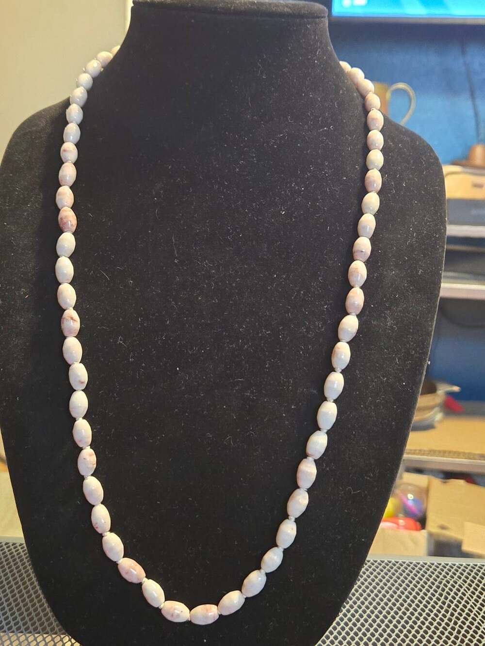 Vintage Beaded Necklace Pink Opal Oval Beads Hand Knotted